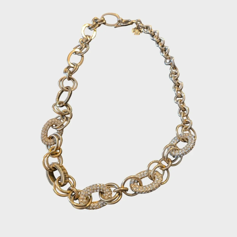 Vintage Gold Necklace Chunky Pave Rhinestone Baguette Crystal Link Toggle Clasp